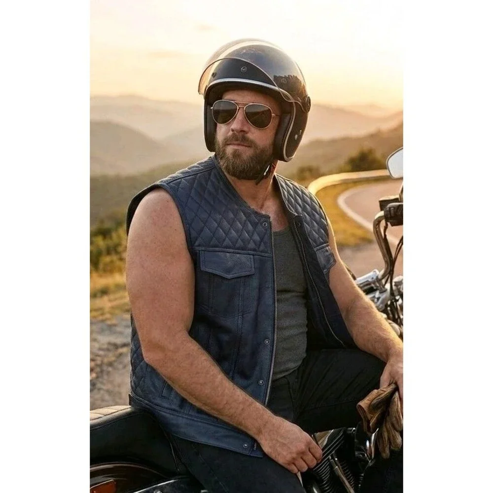 Cuttlanes Mens 3XL Navy Blue Leather Diamond Quilted Biker Motorcycle Vest CCW